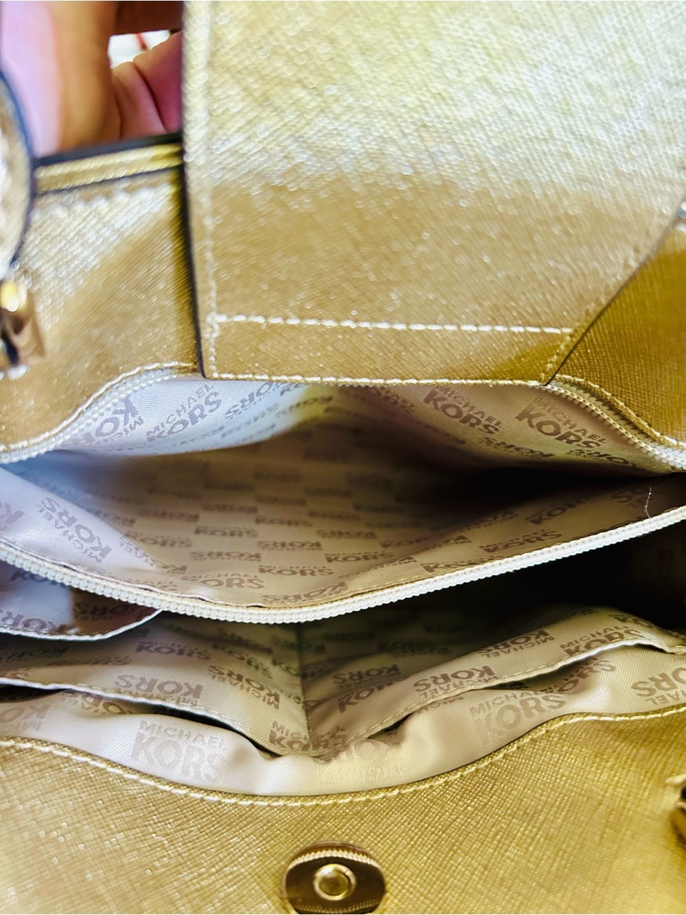 Michael Kors Metallic Gold Saffiano Leather Karla Top Zip Satchel Bag Purse Med - Picture 15 of 16